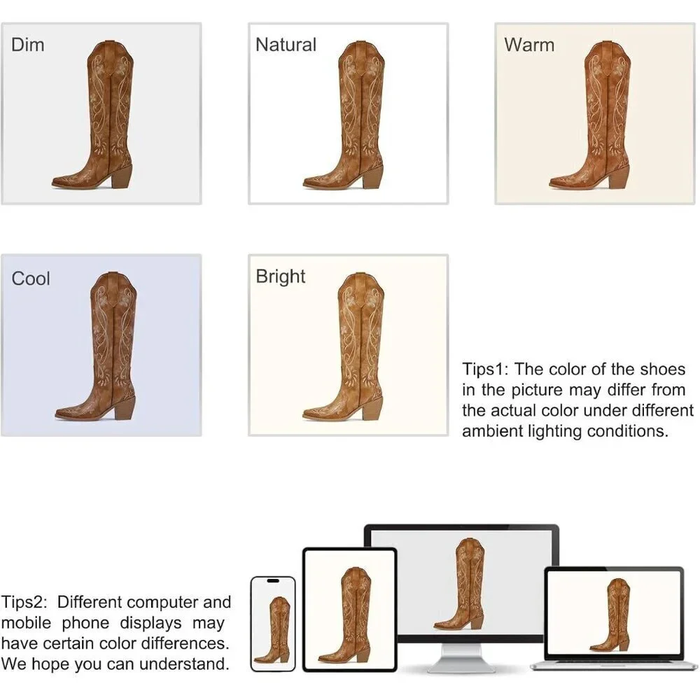 Women Faux Leather Traditional Brown Embroidered Chunky Heel Pointed Toe Boot